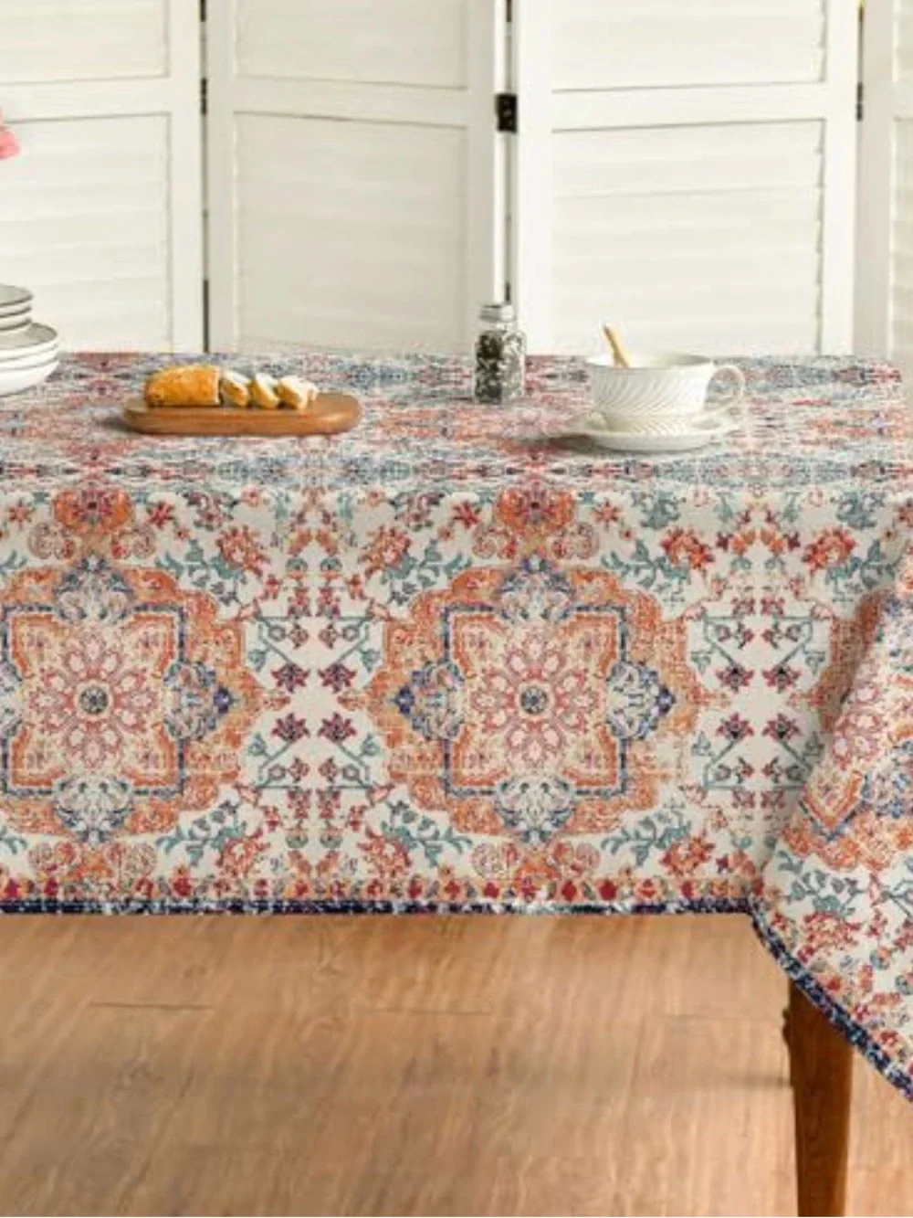 Boho Floral Medallion Tablecloth in Coral and Teal